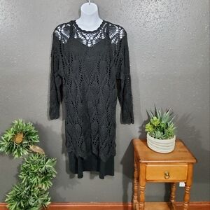 Chic Black Crochet Sweater Dress with dress underneath to make a 2 piece set